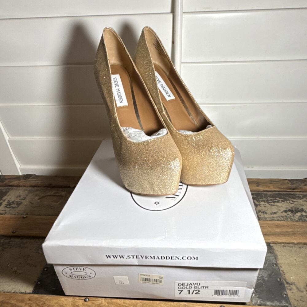 Steve Madden Glitter Platform Stiletto Pumps Slip On Gold Round Toe 7.5